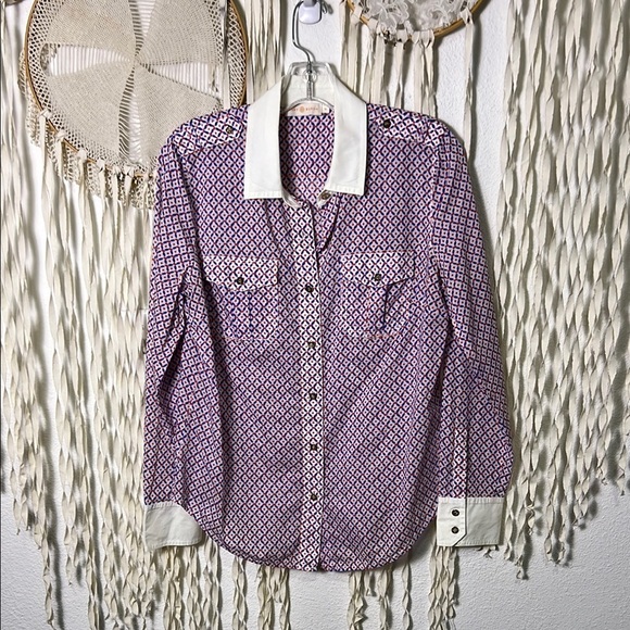 Tory Burch Red Blue Print Long Sleeve Button Down Semi Sheer Blouse Size 10 - Picture 1 of 11